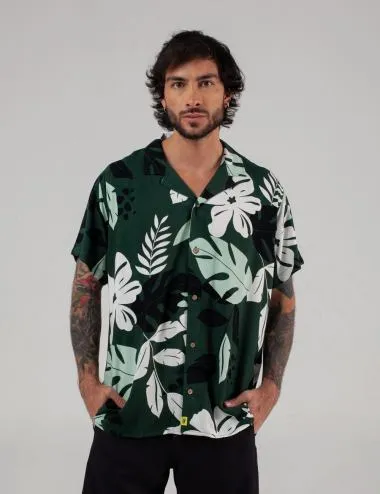 Camisa Cuello Sport manga corta Monstera verde jade Hombre