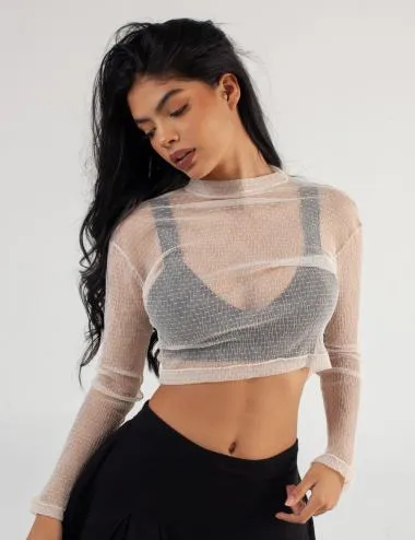 Crop Top manga larga transparencia Glow beige Mujer