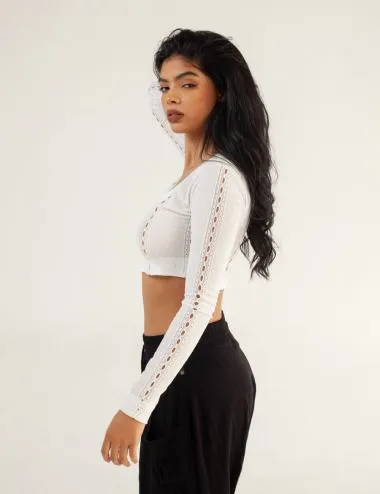 Crop Top manga larga Mesh blanco Mujer