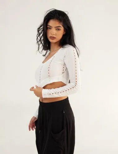 Crop Top manga larga Mesh blanco Mujer