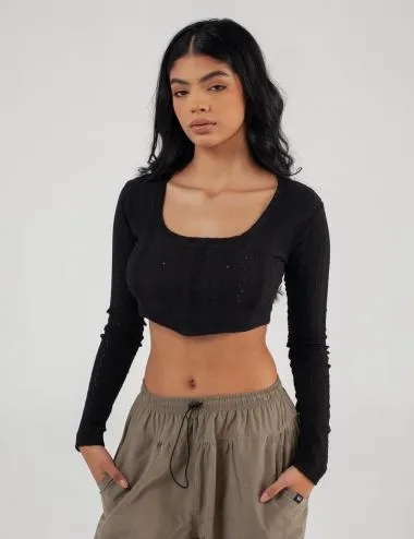 Crop Top manga larga Net negro Mujer