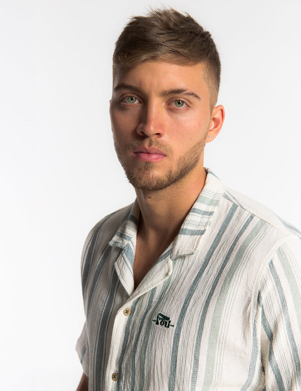 Camisa Cuello Sport manga corta Surf line crudo + verde Hombre