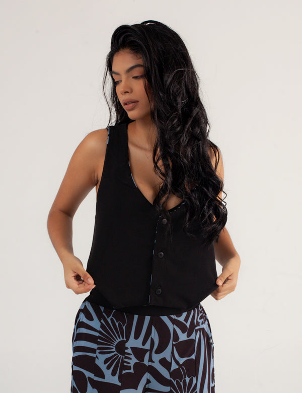 Chaleco Escote en Pico set Stamp azul + negro Mujer