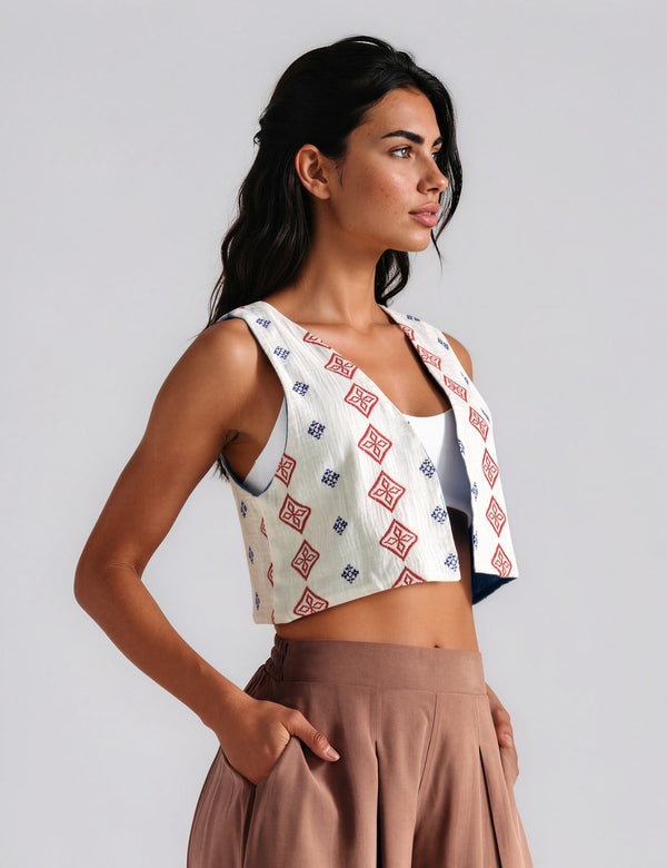 Chaleco Escote en Pico  Grecia blanco+azul+rojo Mujer