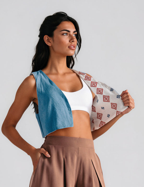Chaleco Escote en Pico  Grecia blanco+azul+rojo Mujer
