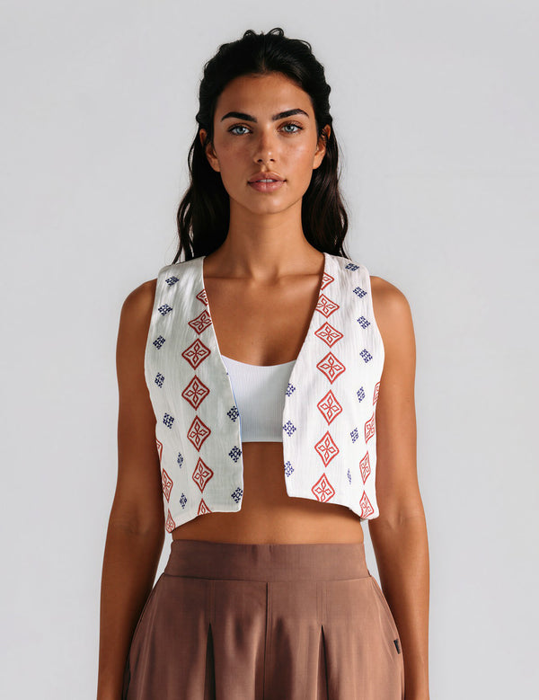 Chaleco Escote en Pico  Grecia blanco+azul+rojo Mujer