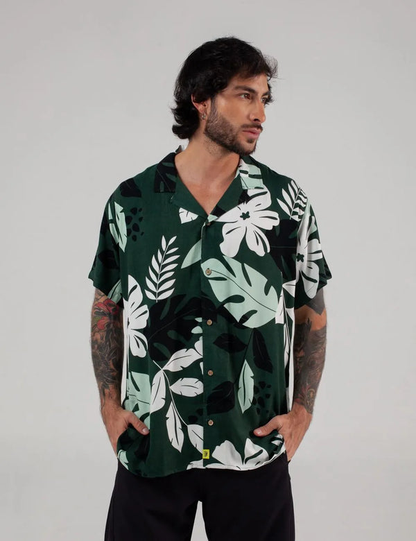 Camisa Cuello Sport manga corta Monstera verde jade Hombre