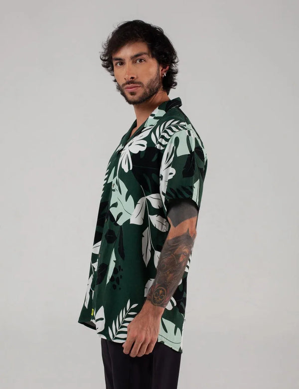 Camisa Cuello Sport manga corta Monstera verde jade Hombre