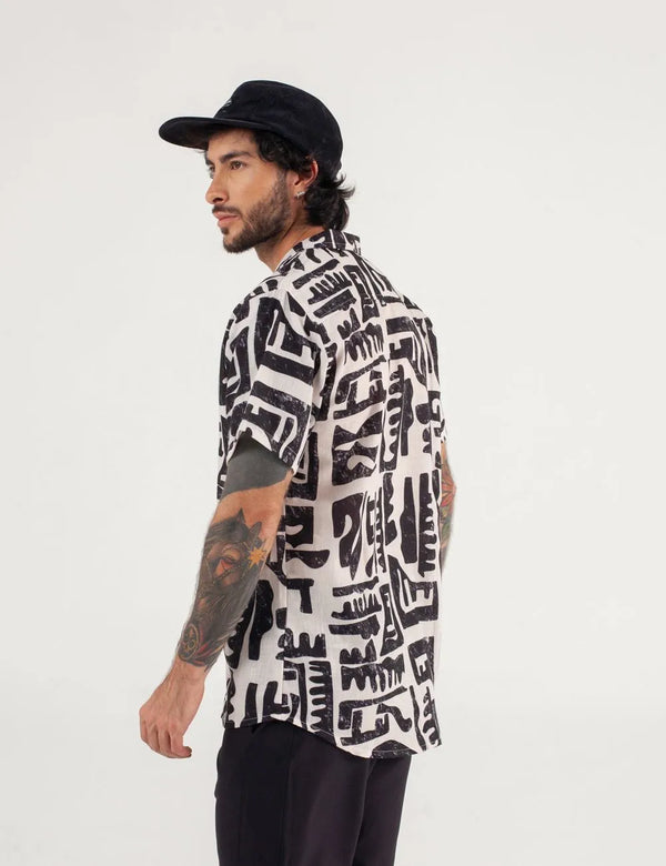 Camisa Cuello Sport manga corta Copto Negro + Palo Rosa Hombre