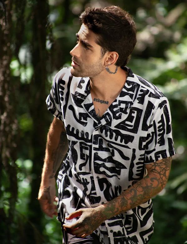Camisa Cuello Sport manga corta Copto Negro + Palo Rosa Hombre