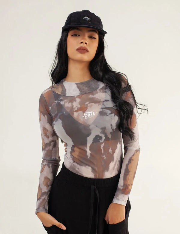 Crop Top Largo Mesh Manga Larga Butterfly verde militar Mujer