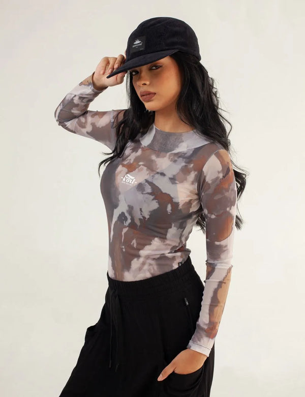 Crop Top Largo Mesh Manga Larga Butterfly verde militar Mujer